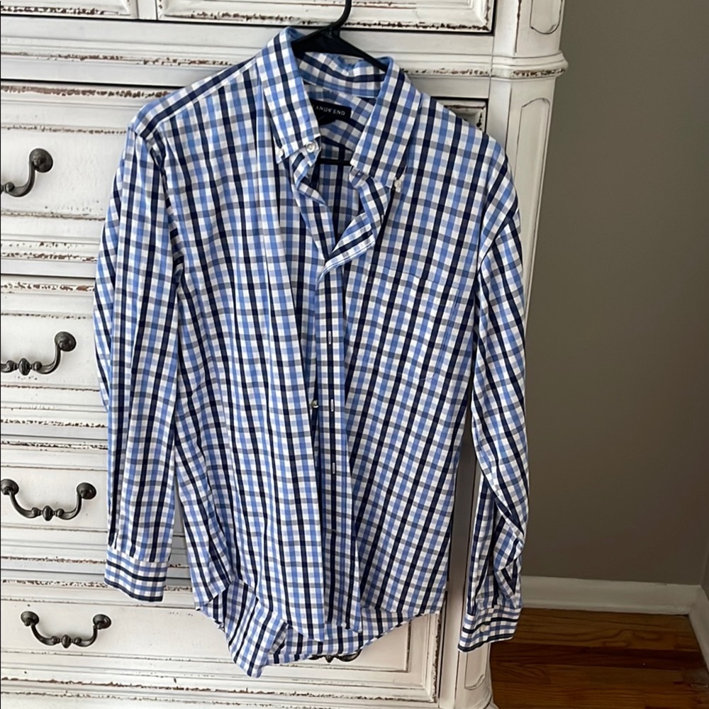 Lands' End Blue and White Dress Shirt Classic Plaid Design